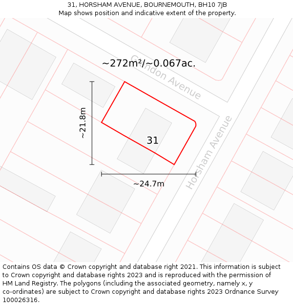 31, HORSHAM AVENUE, BOURNEMOUTH, BH10 7JB: Plot and title map