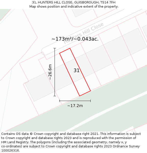 31, HUNTERS HILL CLOSE, GUISBOROUGH, TS14 7FH: Plot and title map