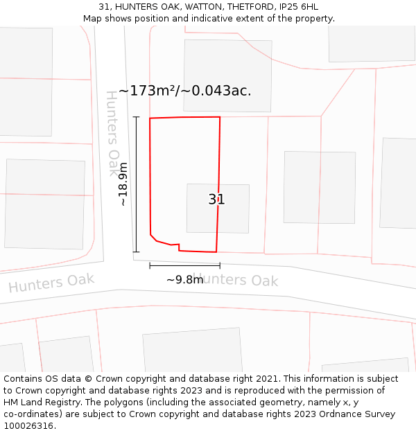 31, HUNTERS OAK, WATTON, THETFORD, IP25 6HL: Plot and title map