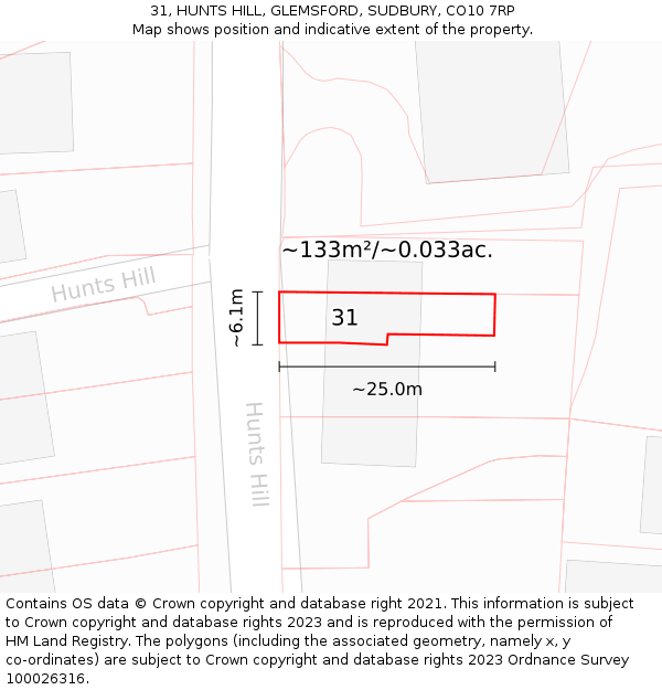 31, HUNTS HILL, GLEMSFORD, SUDBURY, CO10 7RP: Plot and title map