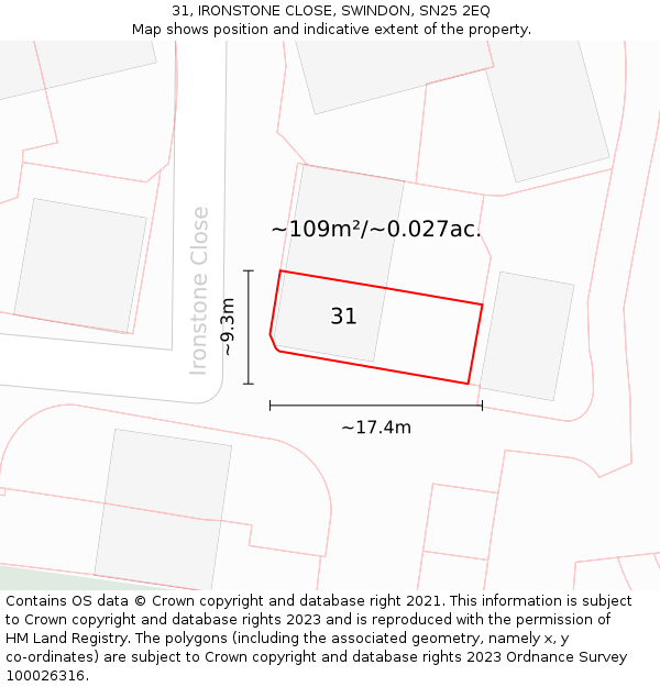 31, IRONSTONE CLOSE, SWINDON, SN25 2EQ: Plot and title map