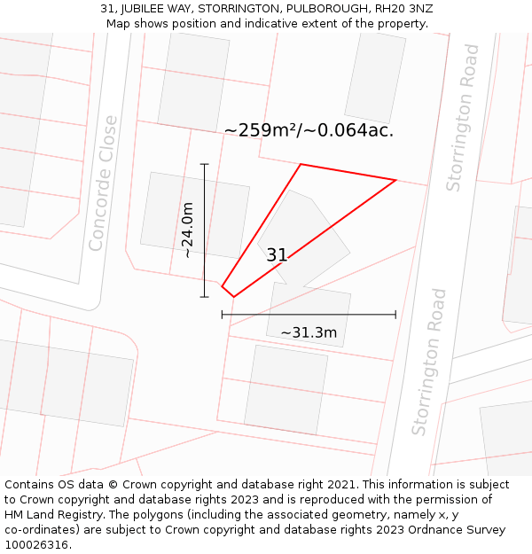 31, JUBILEE WAY, STORRINGTON, PULBOROUGH, RH20 3NZ: Plot and title map