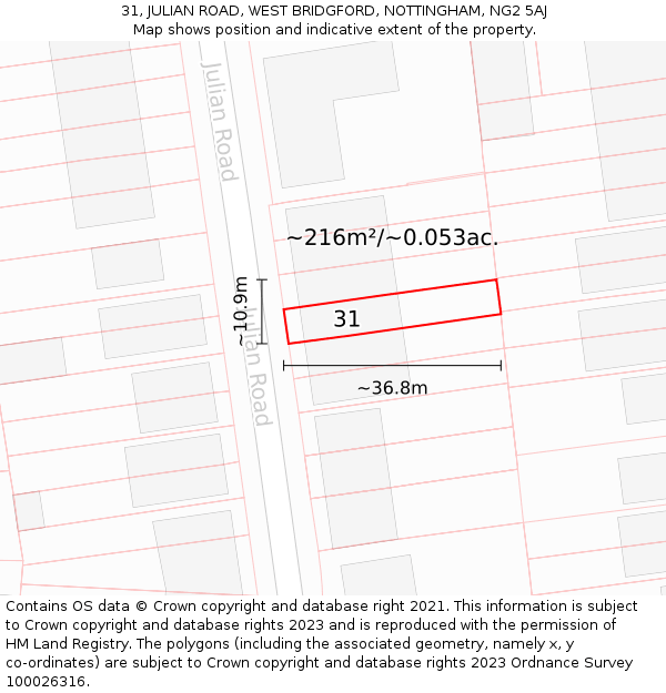 31, JULIAN ROAD, WEST BRIDGFORD, NOTTINGHAM, NG2 5AJ: Plot and title map