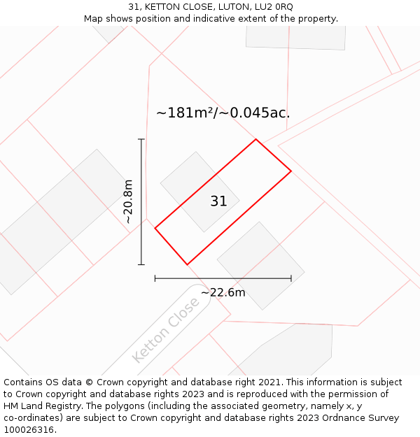 31, KETTON CLOSE, LUTON, LU2 0RQ: Plot and title map