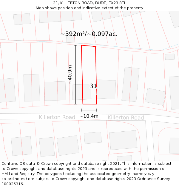 31, KILLERTON ROAD, BUDE, EX23 8EL: Plot and title map