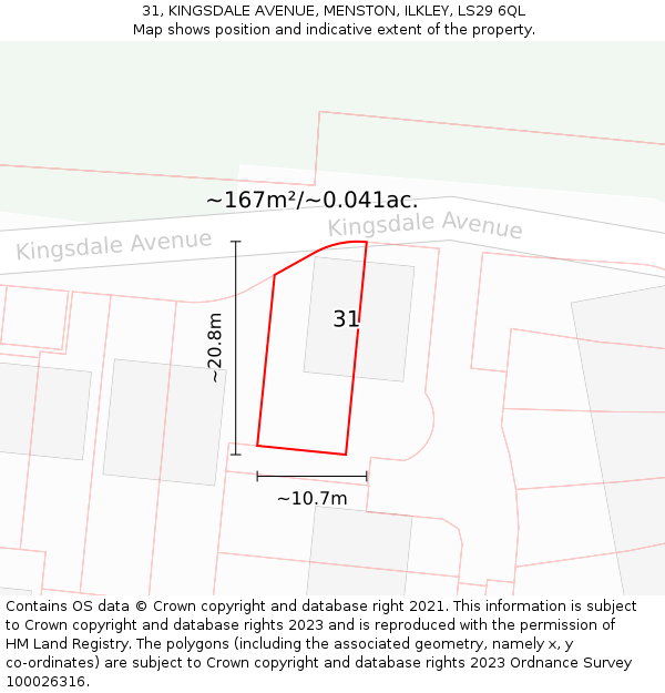 31, KINGSDALE AVENUE, MENSTON, ILKLEY, LS29 6QL: Plot and title map