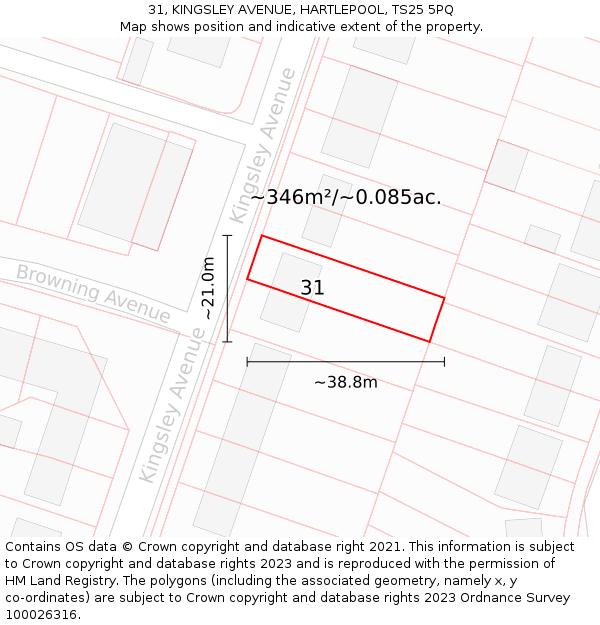 31, KINGSLEY AVENUE, HARTLEPOOL, TS25 5PQ: Plot and title map