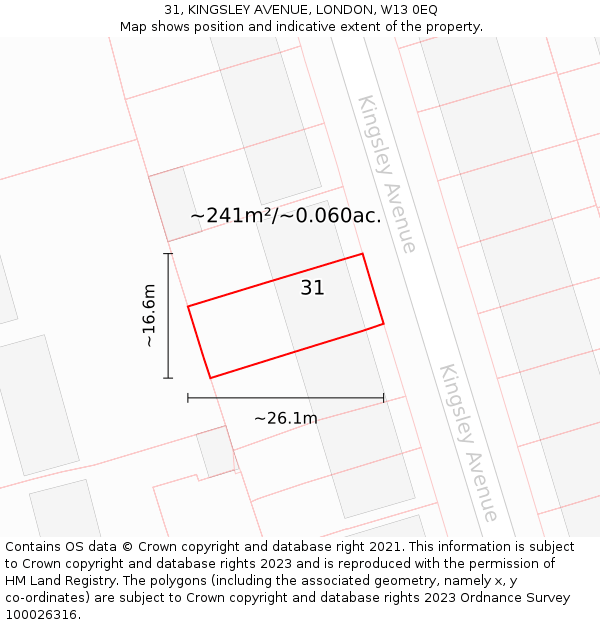 31, KINGSLEY AVENUE, LONDON, W13 0EQ: Plot and title map