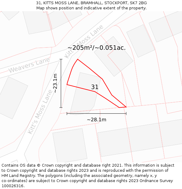 31, KITTS MOSS LANE, BRAMHALL, STOCKPORT, SK7 2BG: Plot and title map