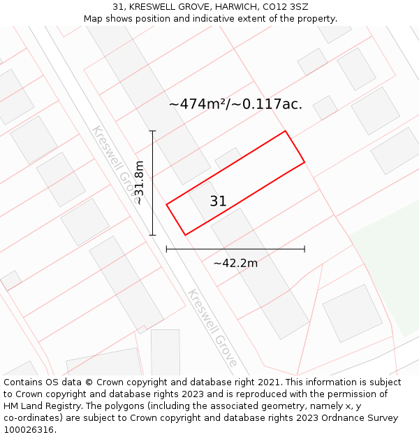 31, KRESWELL GROVE, HARWICH, CO12 3SZ: Plot and title map