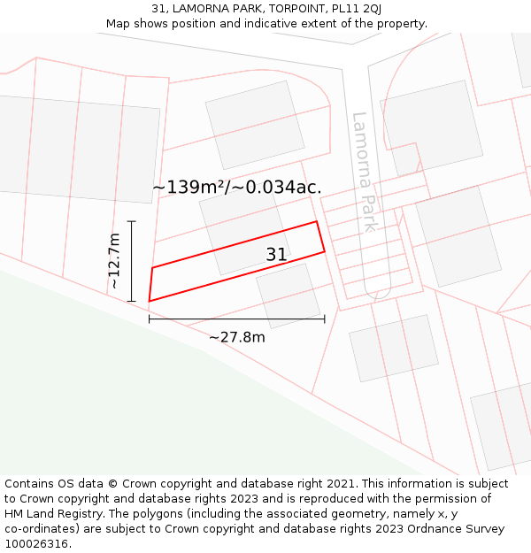 31, LAMORNA PARK, TORPOINT, PL11 2QJ: Plot and title map