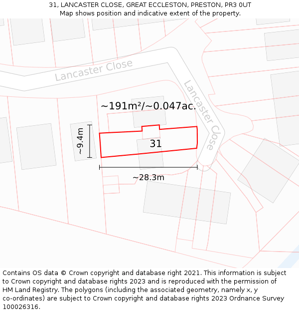 31, LANCASTER CLOSE, GREAT ECCLESTON, PRESTON, PR3 0UT: Plot and title map