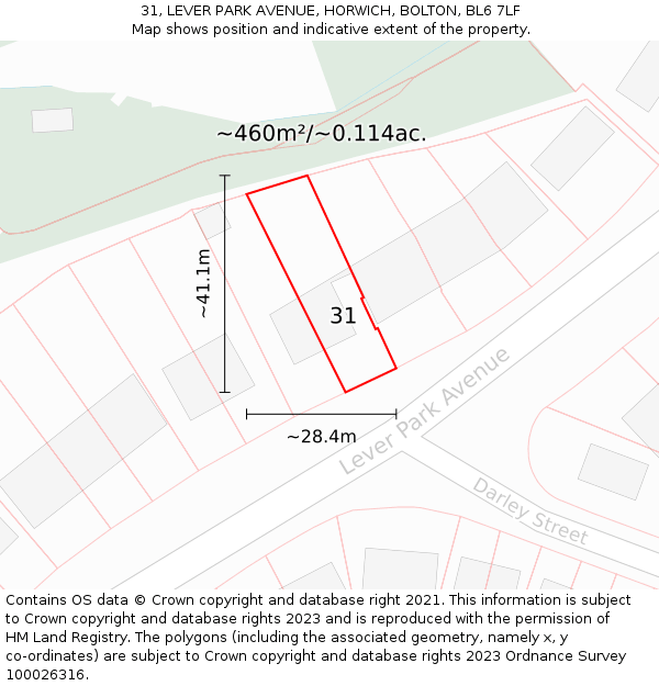 31, LEVER PARK AVENUE, HORWICH, BOLTON, BL6 7LF: Plot and title map