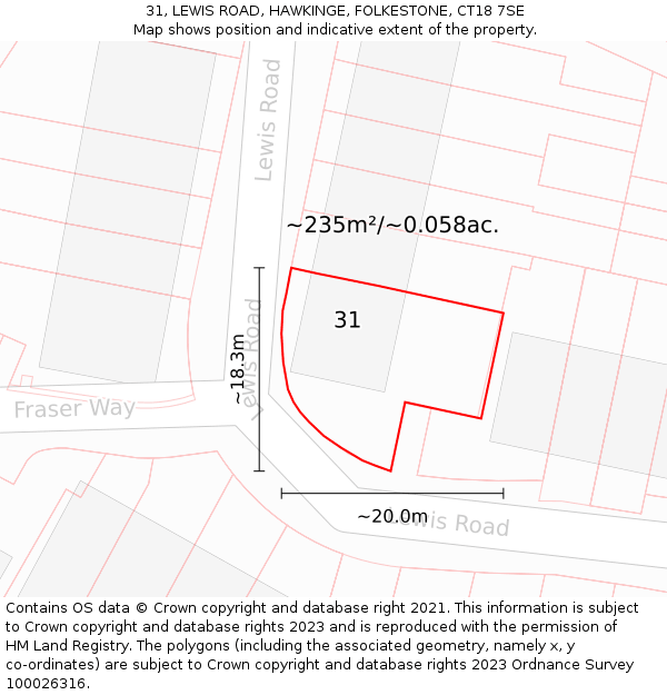 31, LEWIS ROAD, HAWKINGE, FOLKESTONE, CT18 7SE: Plot and title map