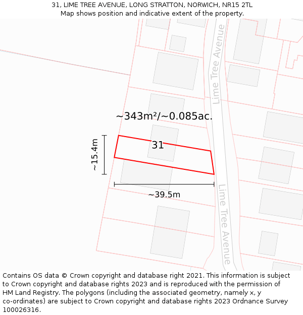 31, LIME TREE AVENUE, LONG STRATTON, NORWICH, NR15 2TL: Plot and title map