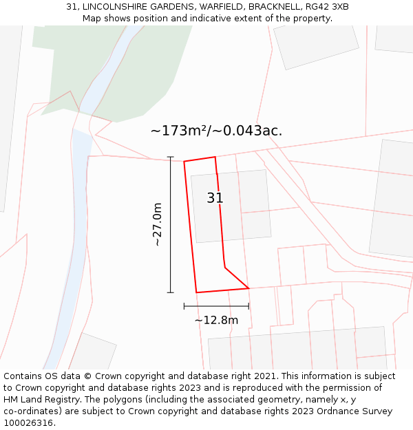 31, LINCOLNSHIRE GARDENS, WARFIELD, BRACKNELL, RG42 3XB: Plot and title map