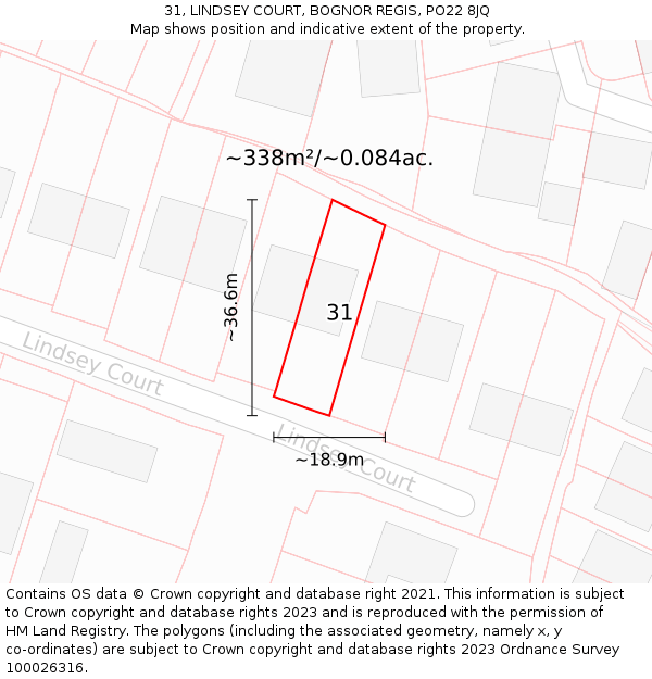 31, LINDSEY COURT, BOGNOR REGIS, PO22 8JQ: Plot and title map