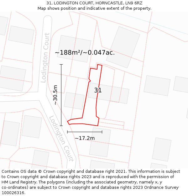 31, LODINGTON COURT, HORNCASTLE, LN9 6RZ: Plot and title map