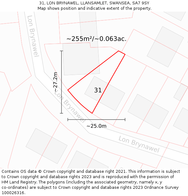 31, LON BRYNAWEL, LLANSAMLET, SWANSEA, SA7 9SY: Plot and title map