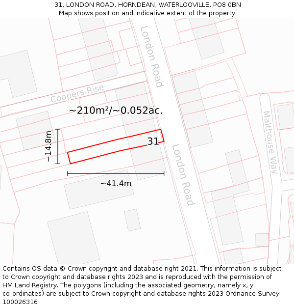 31, LONDON ROAD, HORNDEAN, WATERLOOVILLE, PO8 0BN: Plot and title map