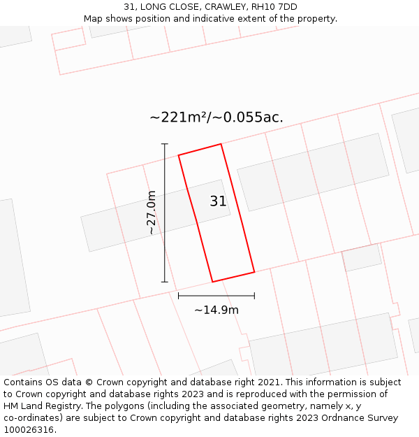 31, LONG CLOSE, CRAWLEY, RH10 7DD: Plot and title map