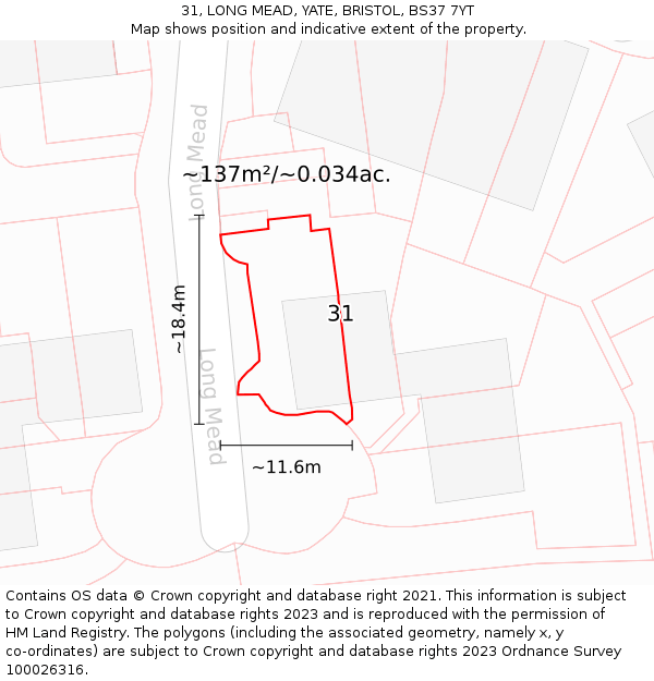 31, LONG MEAD, YATE, BRISTOL, BS37 7YT: Plot and title map