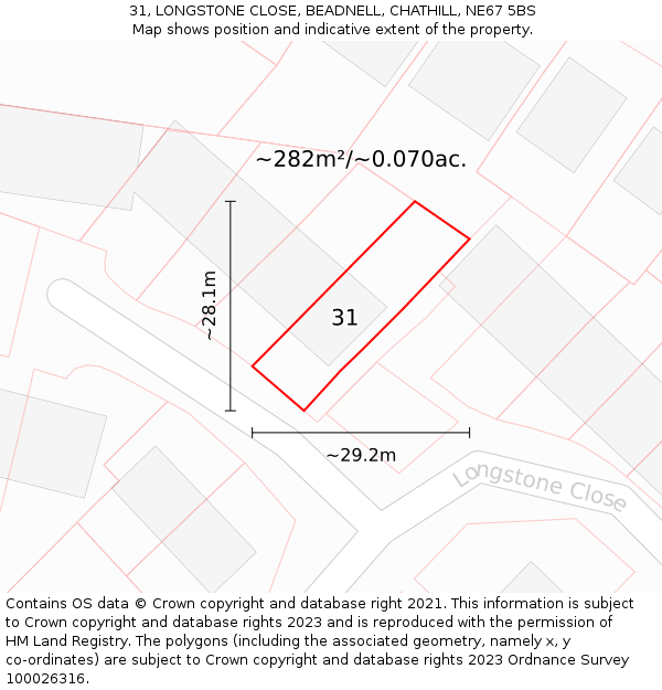 31, LONGSTONE CLOSE, BEADNELL, CHATHILL, NE67 5BS: Plot and title map