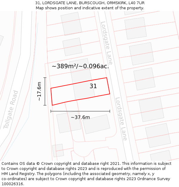 31, LORDSGATE LANE, BURSCOUGH, ORMSKIRK, L40 7UR: Plot and title map