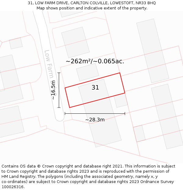 31, LOW FARM DRIVE, CARLTON COLVILLE, LOWESTOFT, NR33 8HQ: Plot and title map