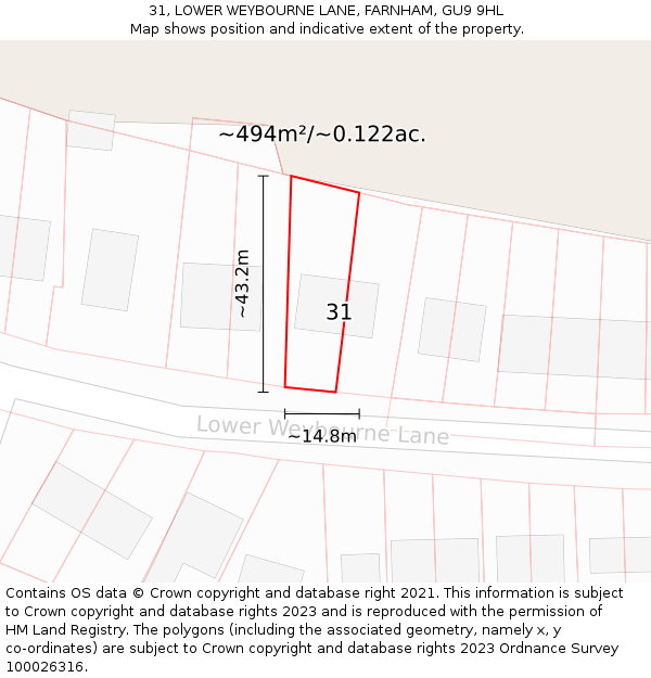 31, LOWER WEYBOURNE LANE, FARNHAM, GU9 9HL: Plot and title map