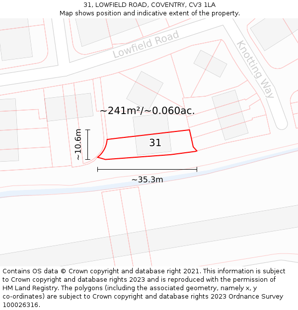 31, LOWFIELD ROAD, COVENTRY, CV3 1LA: Plot and title map
