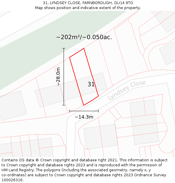 31, LYNDSEY CLOSE, FARNBOROUGH, GU14 9TG: Plot and title map