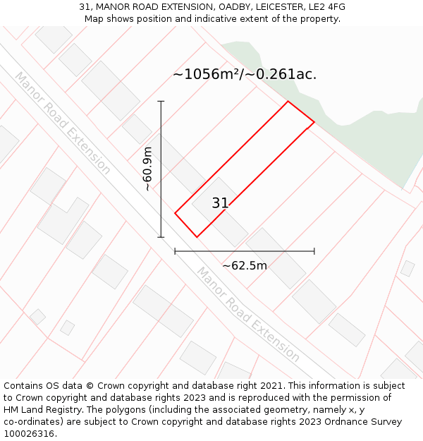 31, MANOR ROAD EXTENSION, OADBY, LEICESTER, LE2 4FG: Plot and title map