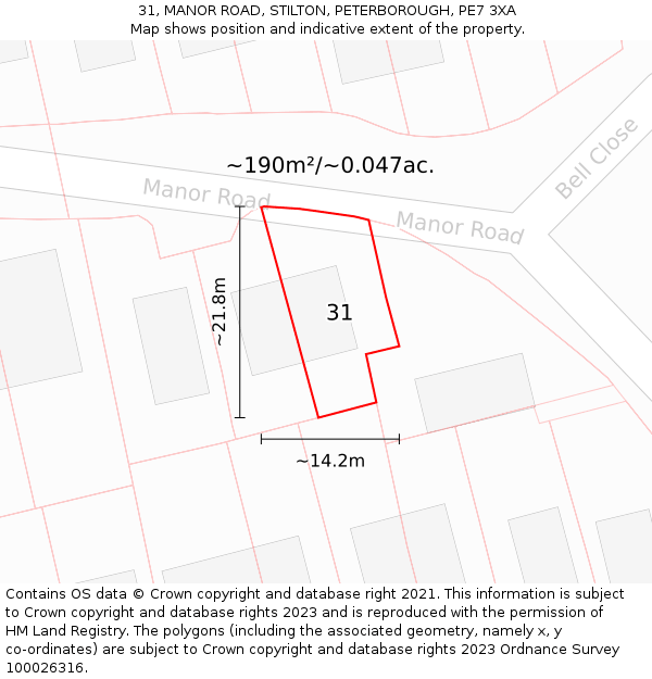 31, MANOR ROAD, STILTON, PETERBOROUGH, PE7 3XA: Plot and title map