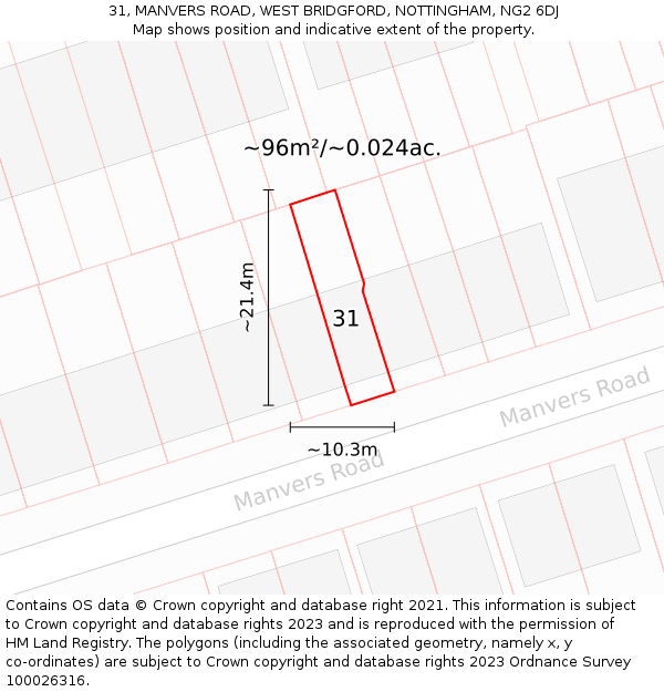 31, MANVERS ROAD, WEST BRIDGFORD, NOTTINGHAM, NG2 6DJ: Plot and title map