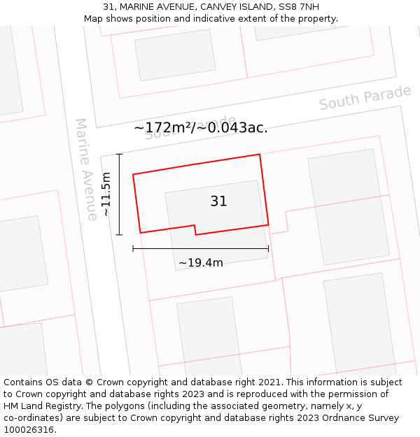 31, MARINE AVENUE, CANVEY ISLAND, SS8 7NH: Plot and title map