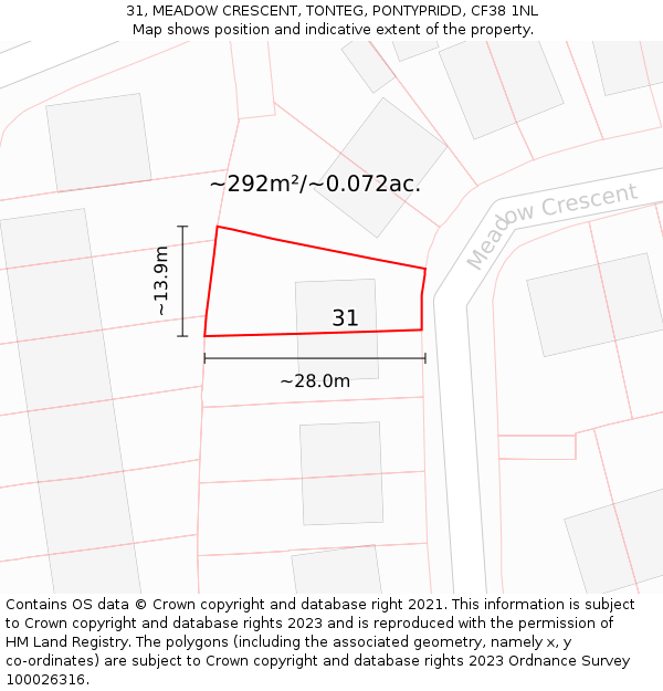 31, MEADOW CRESCENT, TONTEG, PONTYPRIDD, CF38 1NL: Plot and title map