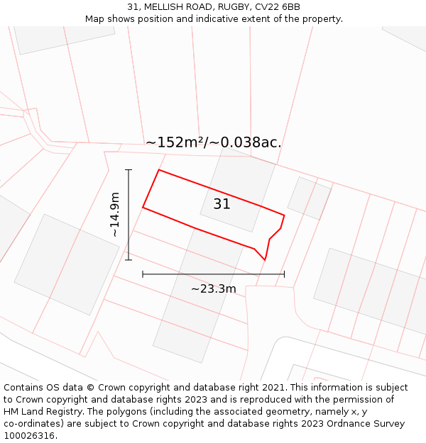 31, MELLISH ROAD, RUGBY, CV22 6BB: Plot and title map