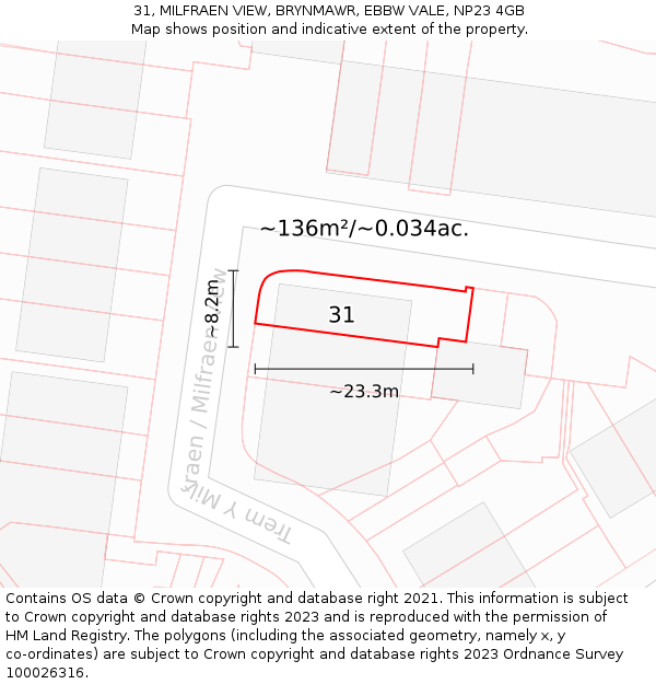 31, MILFRAEN VIEW, BRYNMAWR, EBBW VALE, NP23 4GB: Plot and title map