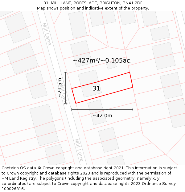 31, MILL LANE, PORTSLADE, BRIGHTON, BN41 2DF: Plot and title map