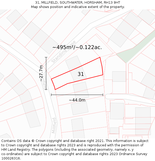 31, MILLFIELD, SOUTHWATER, HORSHAM, RH13 9HT: Plot and title map