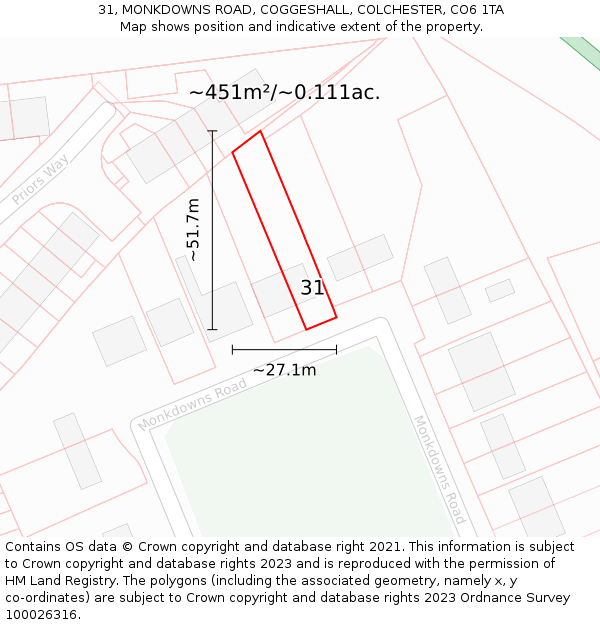 31, MONKDOWNS ROAD, COGGESHALL, COLCHESTER, CO6 1TA: Plot and title map