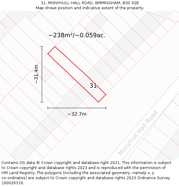 31, MONYHULL HALL ROAD, BIRMINGHAM, B30 3QE: Plot and title map