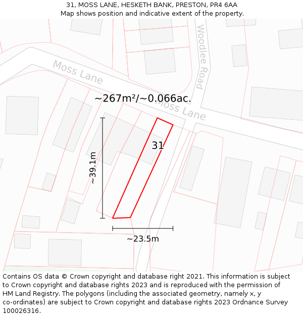 31, MOSS LANE, HESKETH BANK, PRESTON, PR4 6AA: Plot and title map