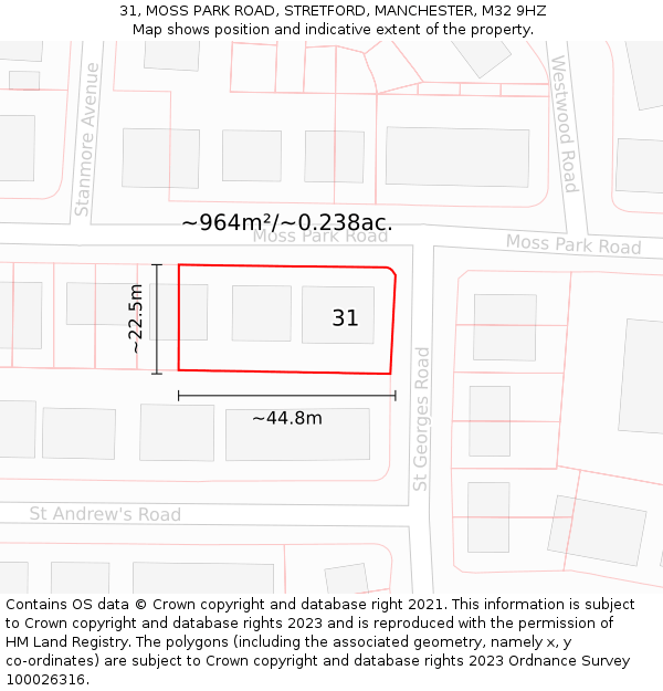 31, MOSS PARK ROAD, STRETFORD, MANCHESTER, M32 9HZ: Plot and title map