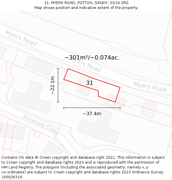 31, MYERS ROAD, POTTON, SANDY, SG19 2RG: Plot and title map