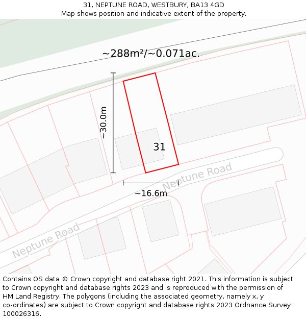 31, NEPTUNE ROAD, WESTBURY, BA13 4GD: Plot and title map