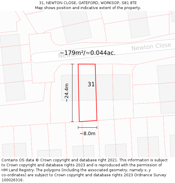 31, NEWTON CLOSE, GATEFORD, WORKSOP, S81 8TE: Plot and title map