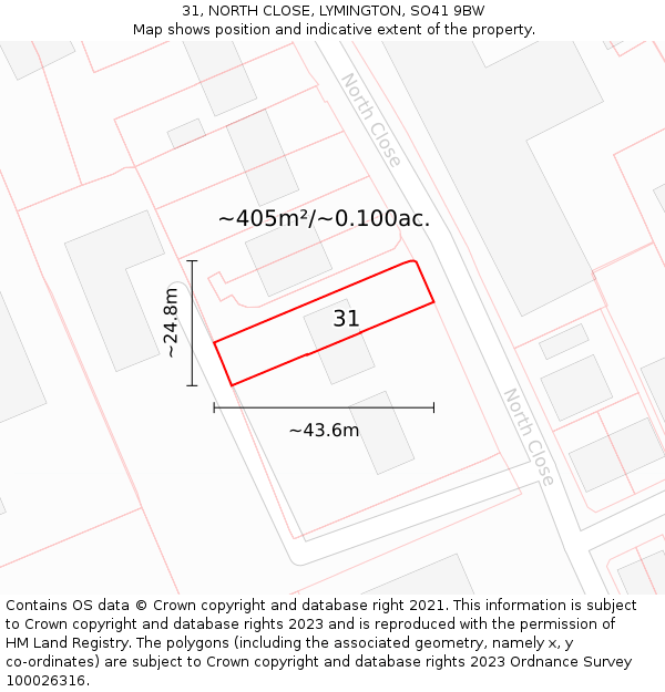 31, NORTH CLOSE, LYMINGTON, SO41 9BW: Plot and title map