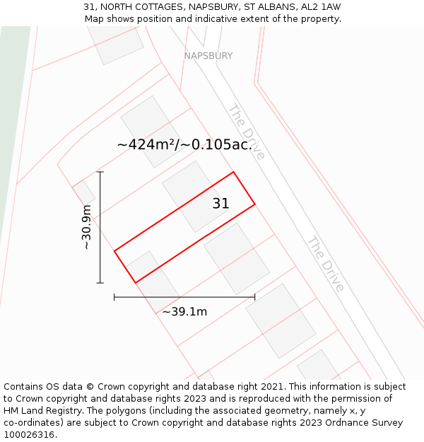 31, NORTH COTTAGES, NAPSBURY, ST ALBANS, AL2 1AW: Plot and title map